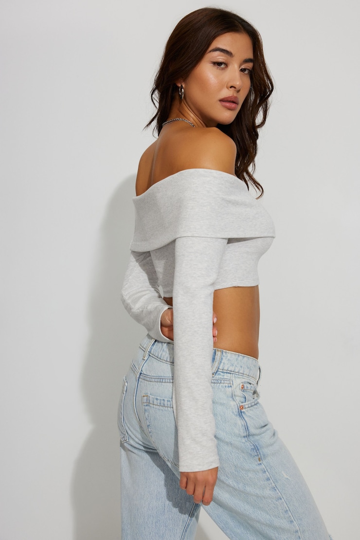Kayla Foldover Off Shoulder Top, Spring Gray Mix, large
