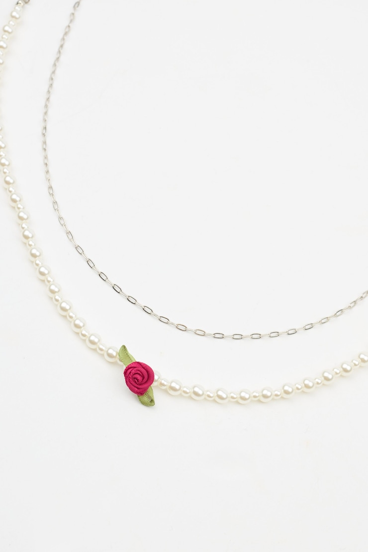 Set of 2 Rosette & Pearl Necklace, Off White/Cabernet Red, large