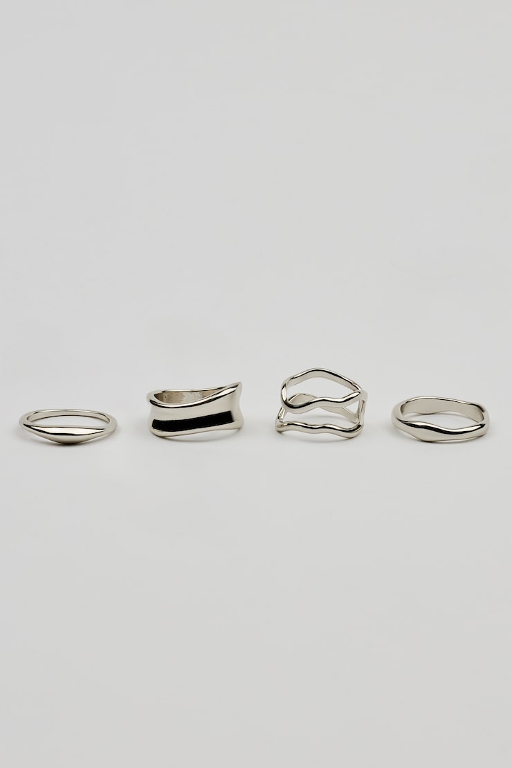 Set of 4 Wavy Minimal Rings, Silver, large