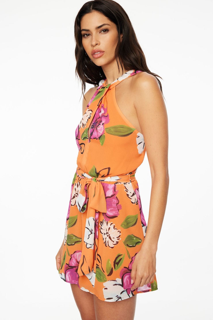 Flare Romper With Belt  Orange & Purple Floral  large