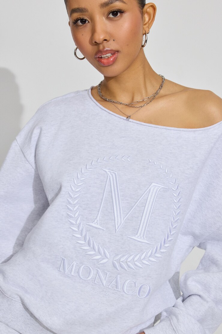 SoftTerry Off Shoulder Sweatshirt, Spring Gray Mix with "Monaco" Art, large