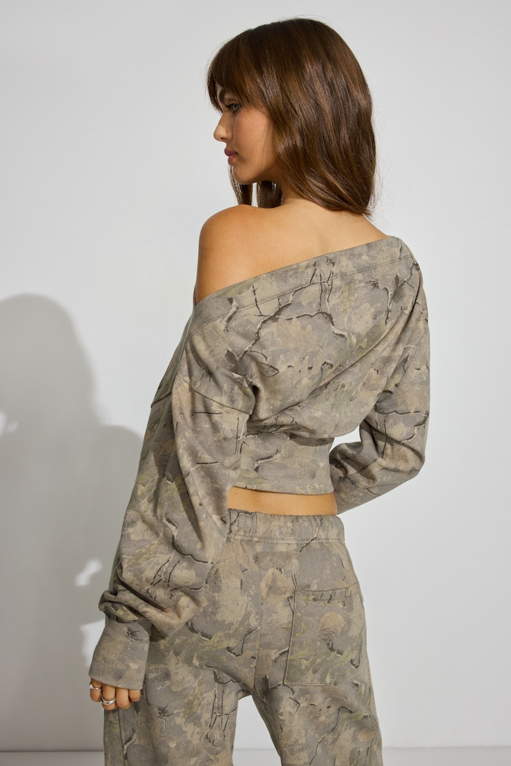SoftTerry Rib Off Shoulder Sweater, Camo, large