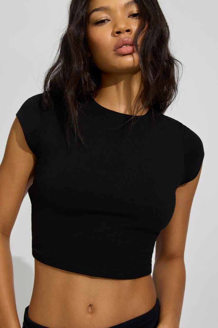 Open Back Cap Sleeve T Shirt, Jet Black, large