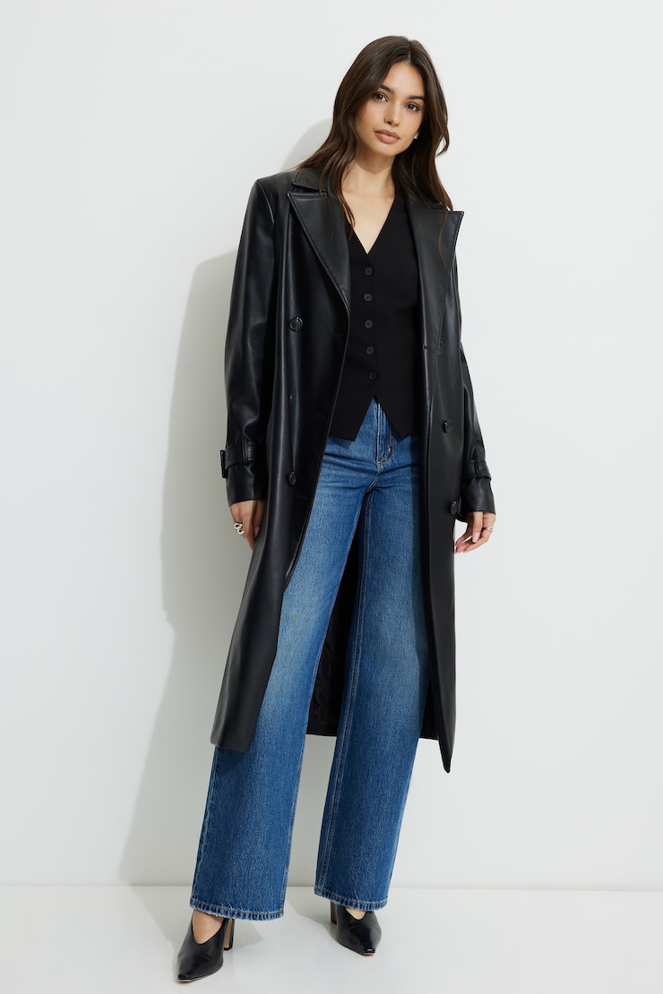 Military Faux Leather Trench Coat Jet Black large