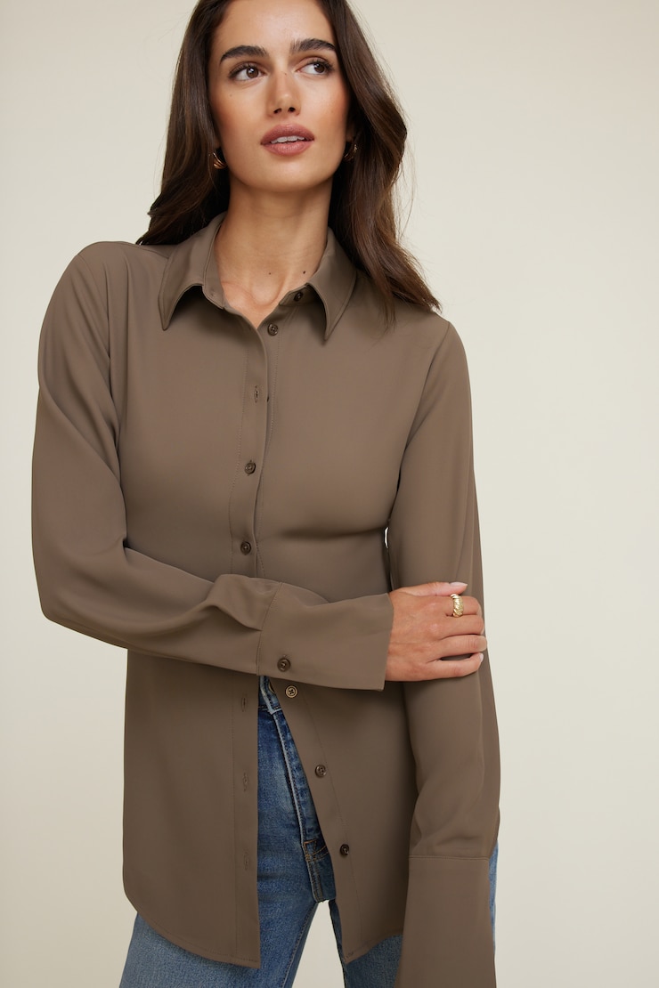 Cinched Waist Fluid Blouse Wild Mushroom Brown large