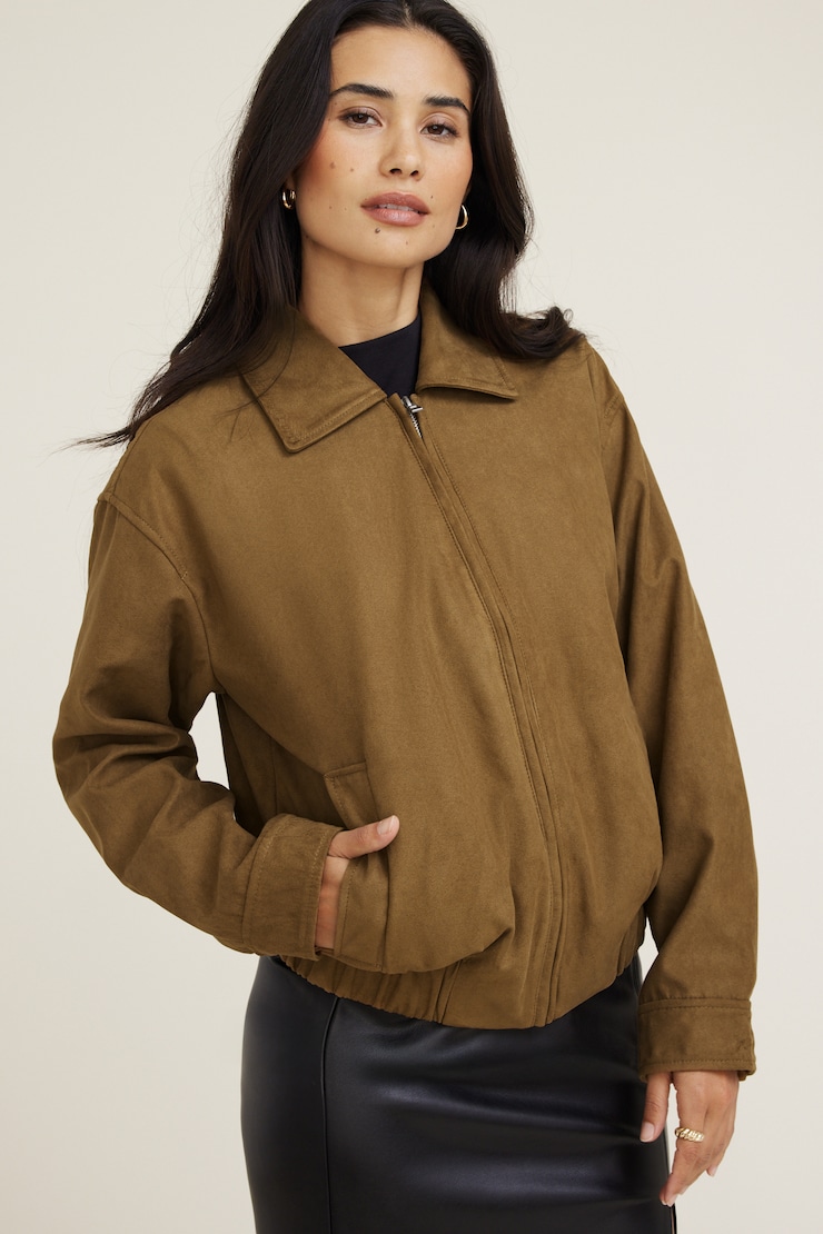 Faux Suede Coach Jacket Brown | Dynamite
