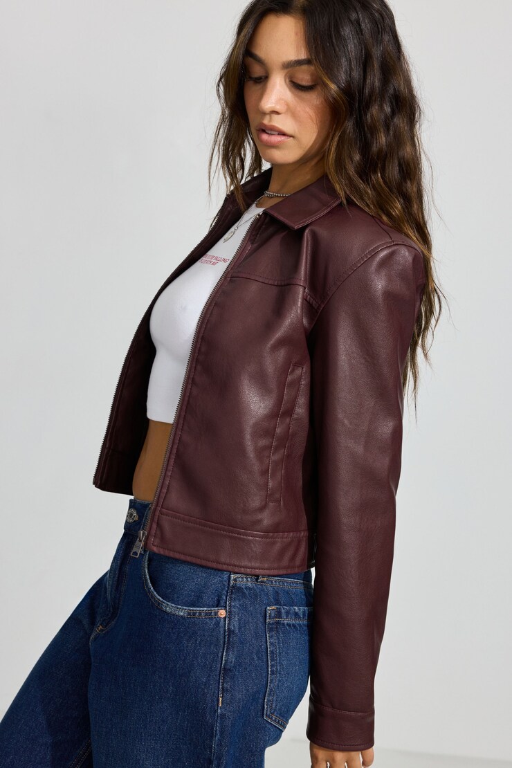 Faux Leather Worker Jacket, Port Royale Burgundy , large