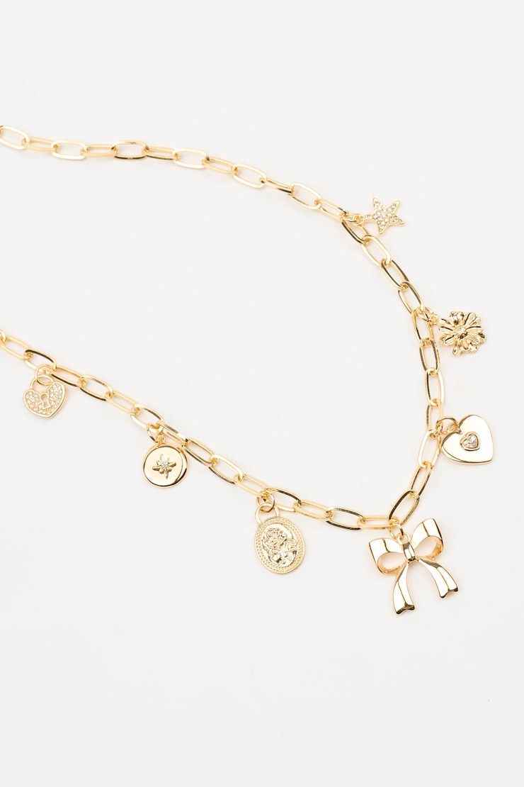 7 Charm Paperclip Necklace, Clear/Gold, large