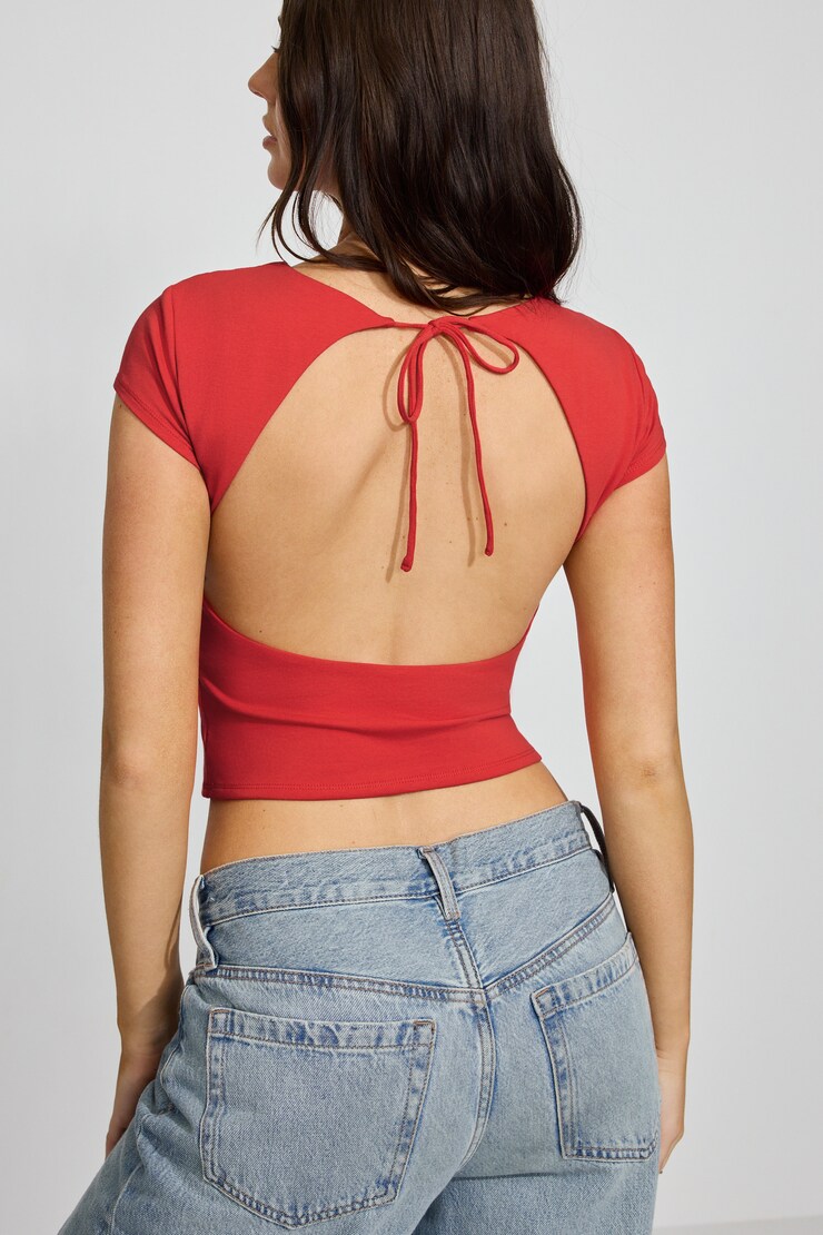 Crew Neck Open Back Tie Top, Tomato Puree Red, large