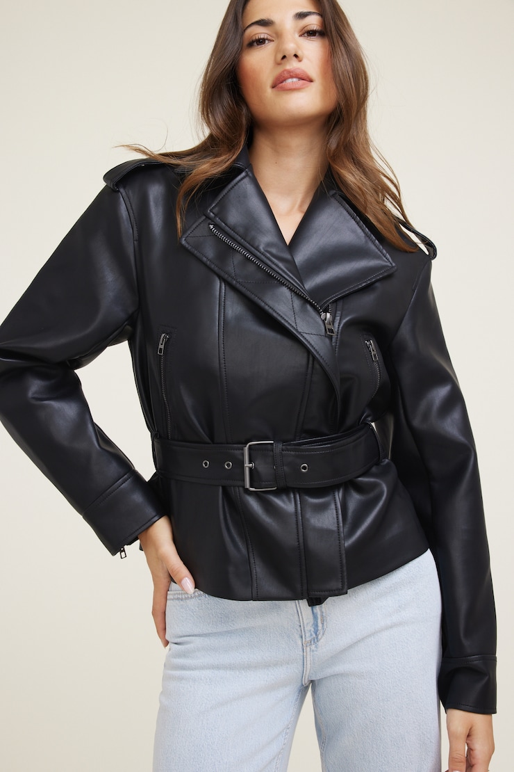 Belted Faux Leather Moto Jacket Black | Dynamite