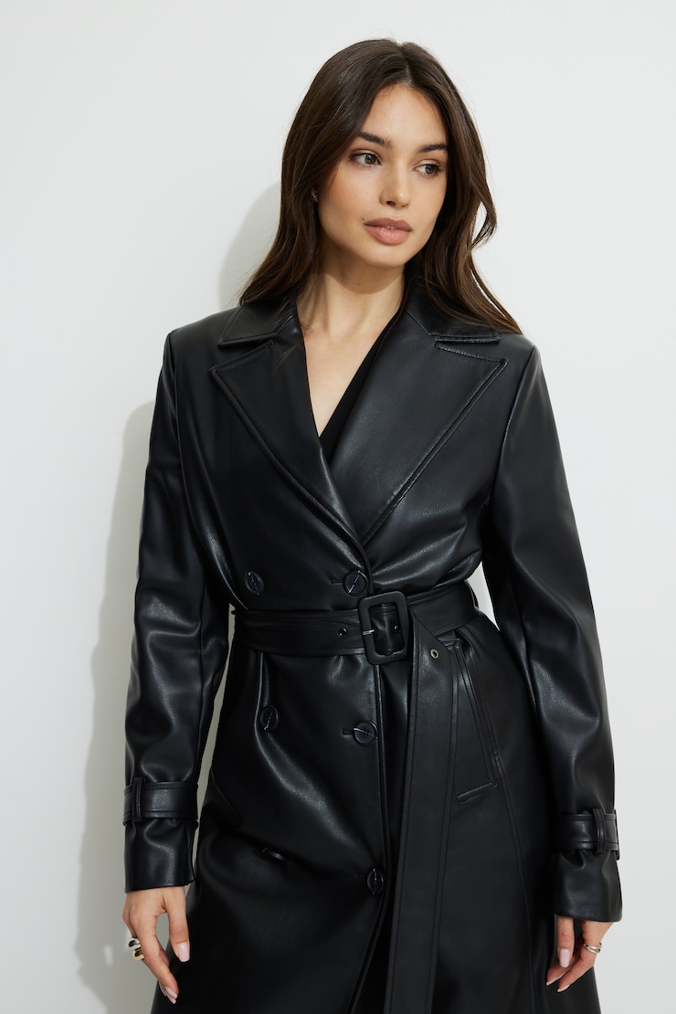 Military Faux Leather Trench Coat Black | Dynamite