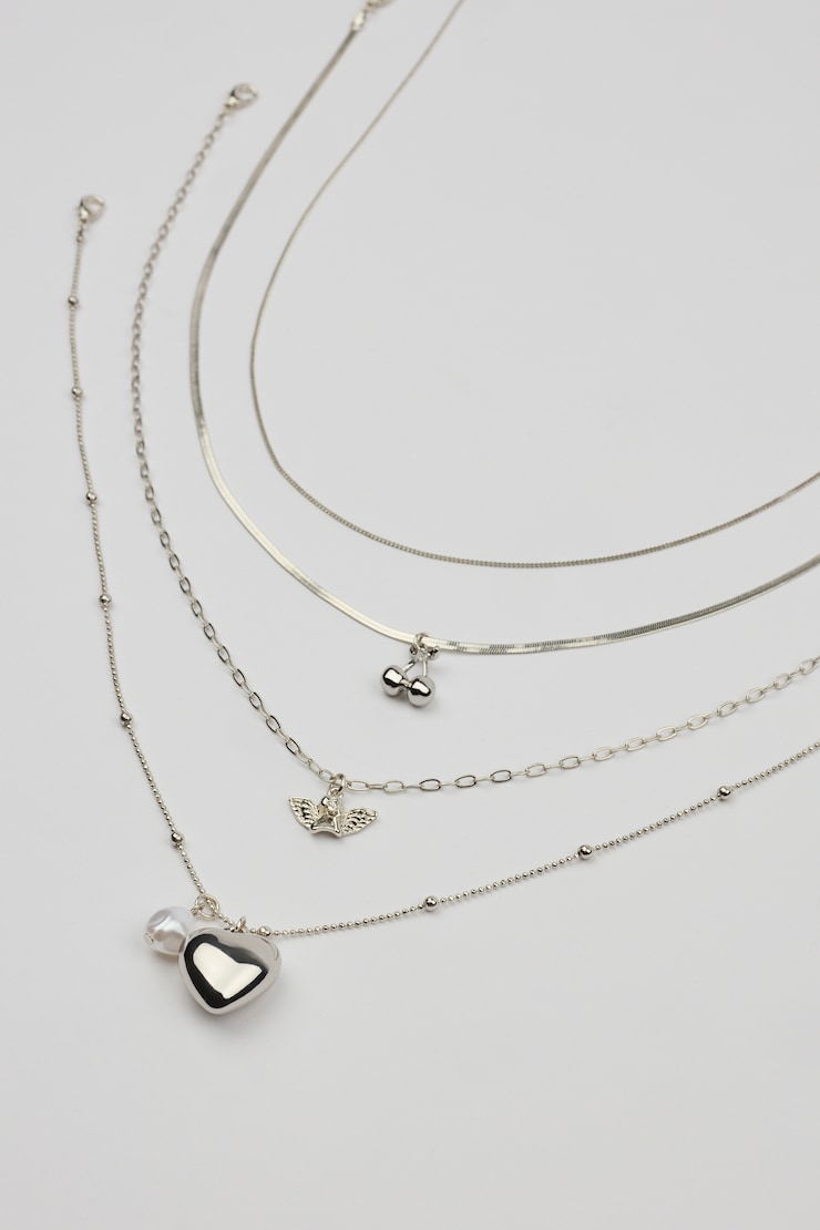 Set of 4 Angel and Cherry Pendant Necklaces, Silver, large