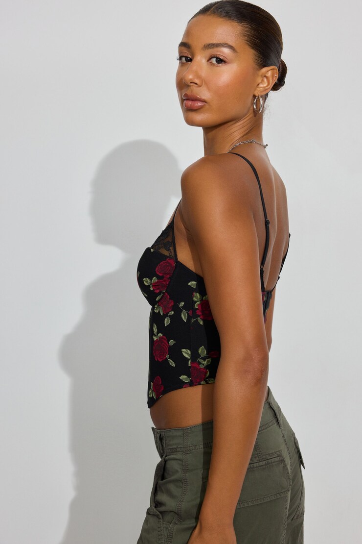 Sabrina Peek-A-Boo Bustier Top, Big Rose Print/Black Lace, large