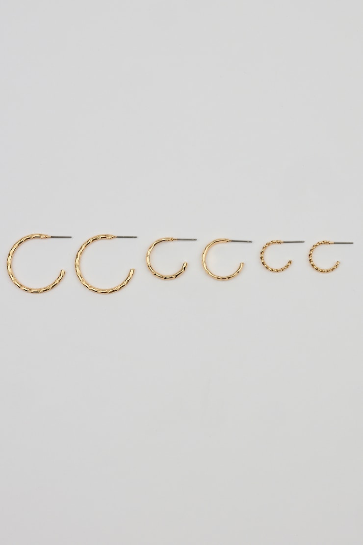 Set of 3 Textured Open Hoop Earrings, Gold, large