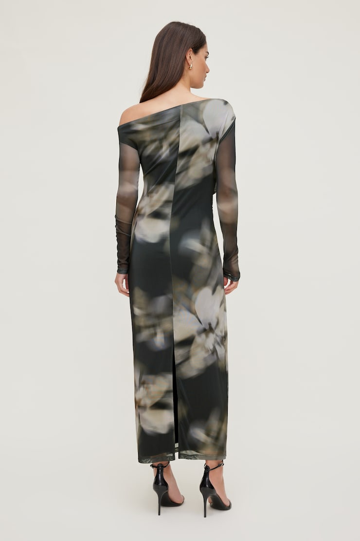 Off Shoulder Mesh Maxi Dress Black Floral Blur large