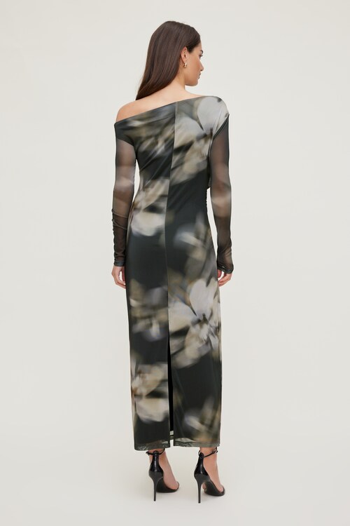 Off Shoulder Mesh Maxi Dress Brown | Dynamite