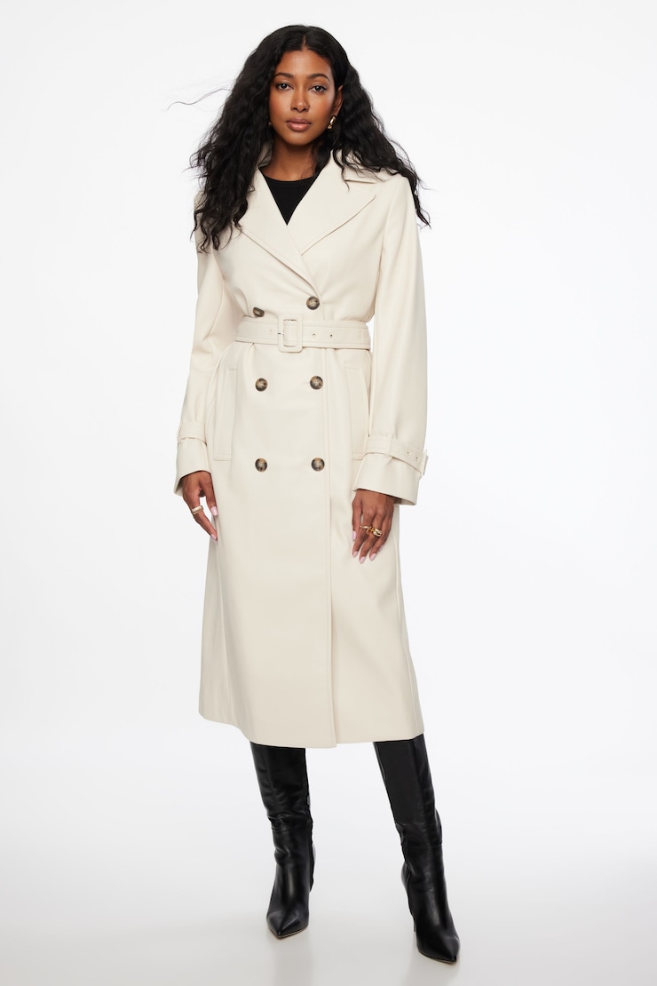 Military Faux Leather Trench Coat Polished Pearl Beige large