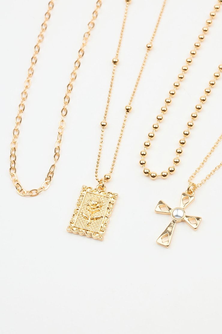 Set Of 4 Cross & Rose Pendant Necklaces, Gold, large