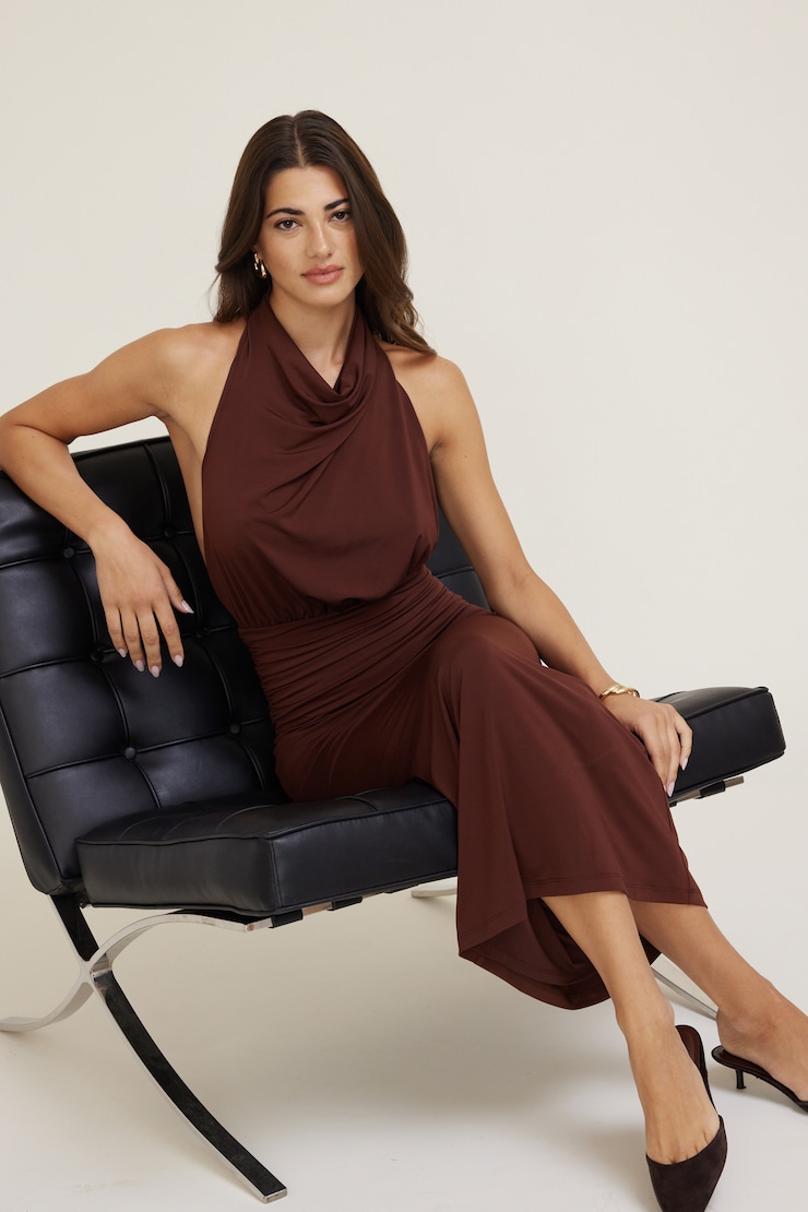 Sculpt Halter Cowl Neck Maxi Dress Bitter Chocolate Burgundy large