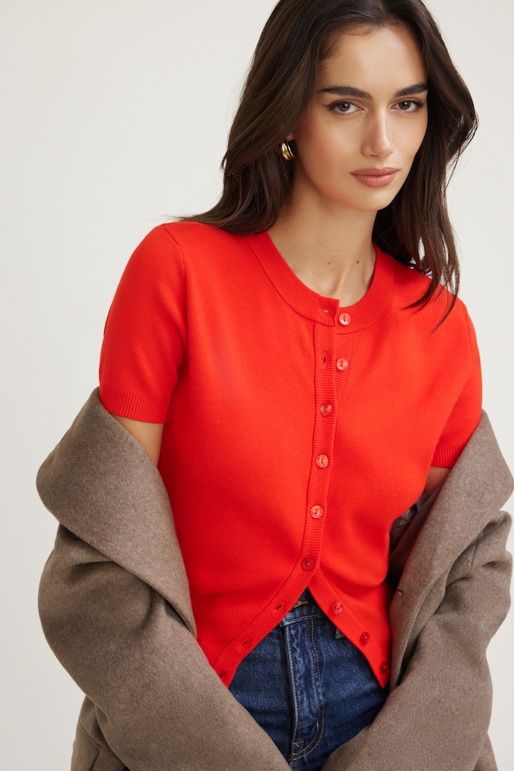 Cardigan à manches courtes Becca Rouge ardent large