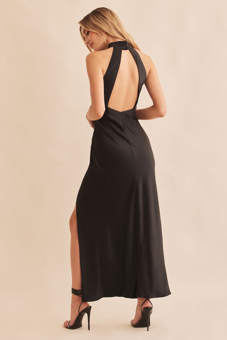 Maxi Open Back Satin Halter Dress Jet Black large