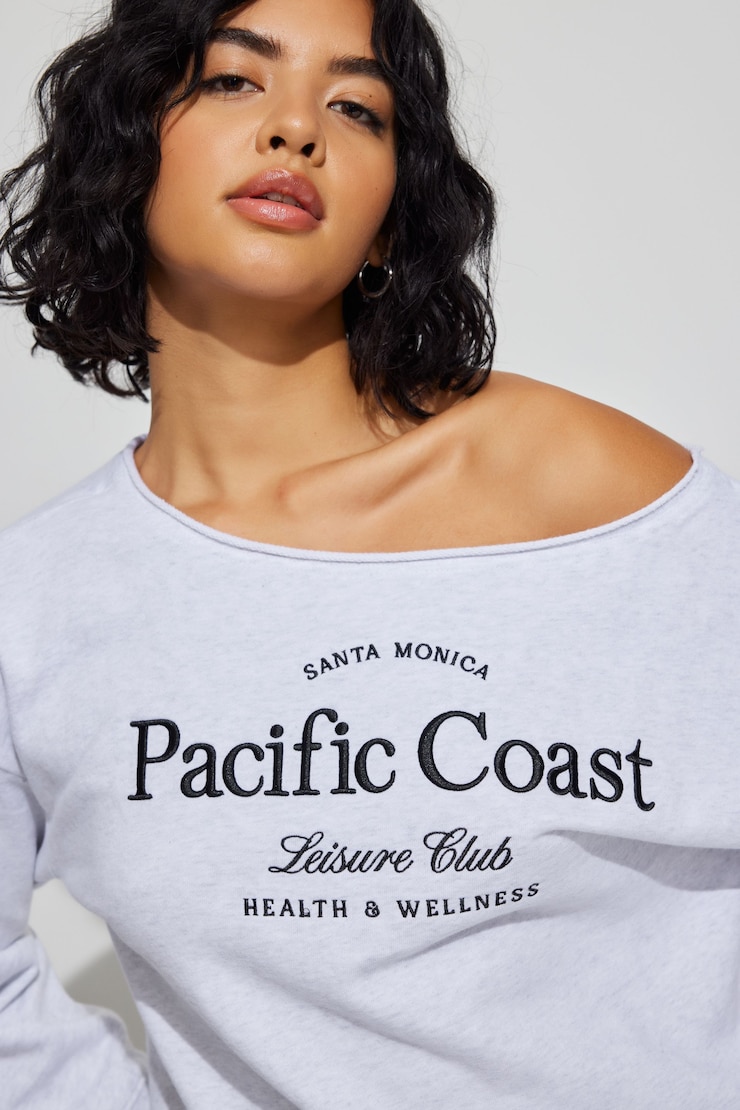 SoftTerry Off Shoulder Sweatshirt, Spring Grey Mix with "Pacific Coast" Art , large