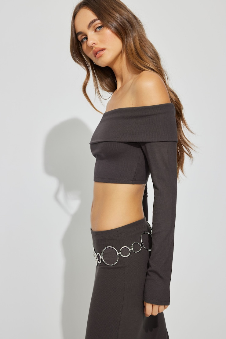 Kayla Foldover Off Shoulder Top, Forged Iron Grey, large