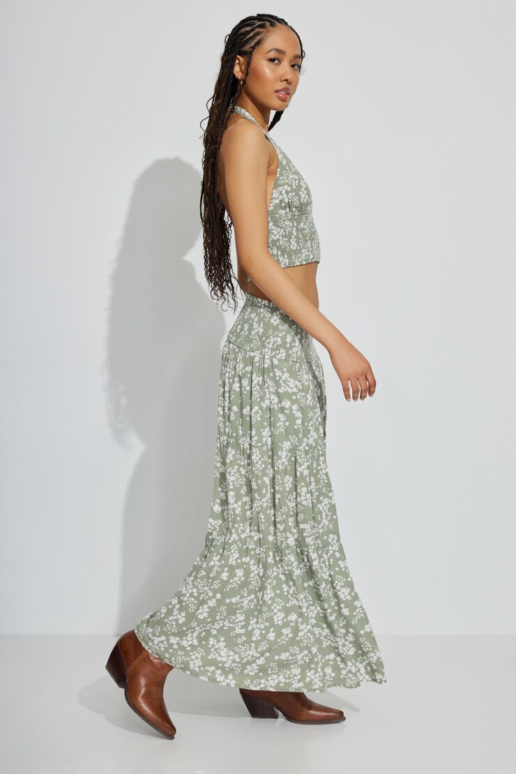 Eliana Smocked Peasant Midi Skirt, Seagrass Green/Floral, large