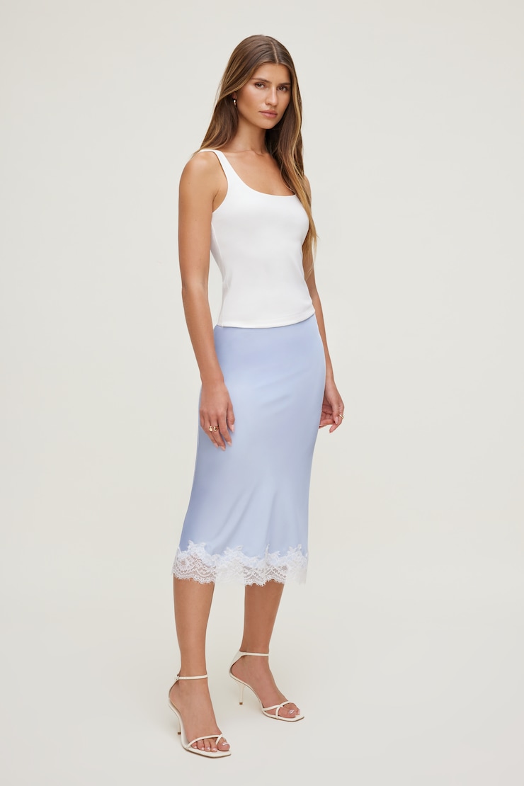 Jupe midi en satin et dentelle Bleu chiné large
