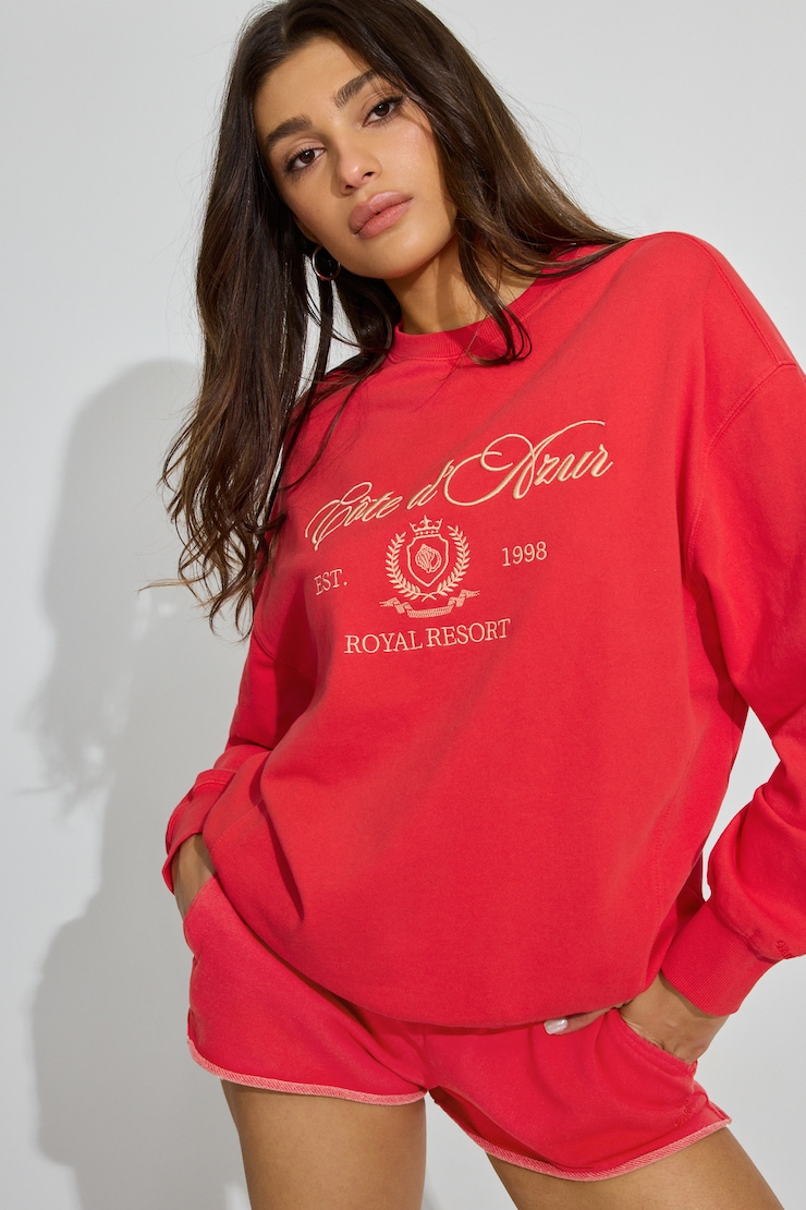 SoftTerry Oversized Crewneck Sweatshirt, Tomato Puree Red with "Côte d'Azur" Art, large