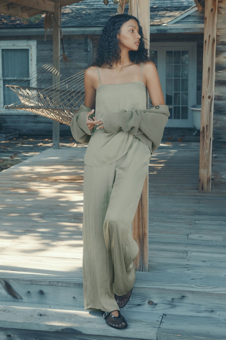 Crinkled Wide Leg Satin Pants