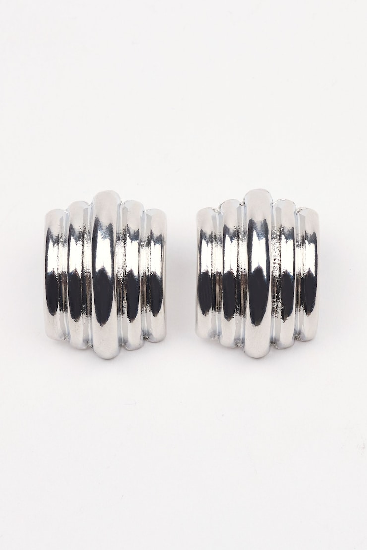 Lined Curve Button Earrings, Silver, large