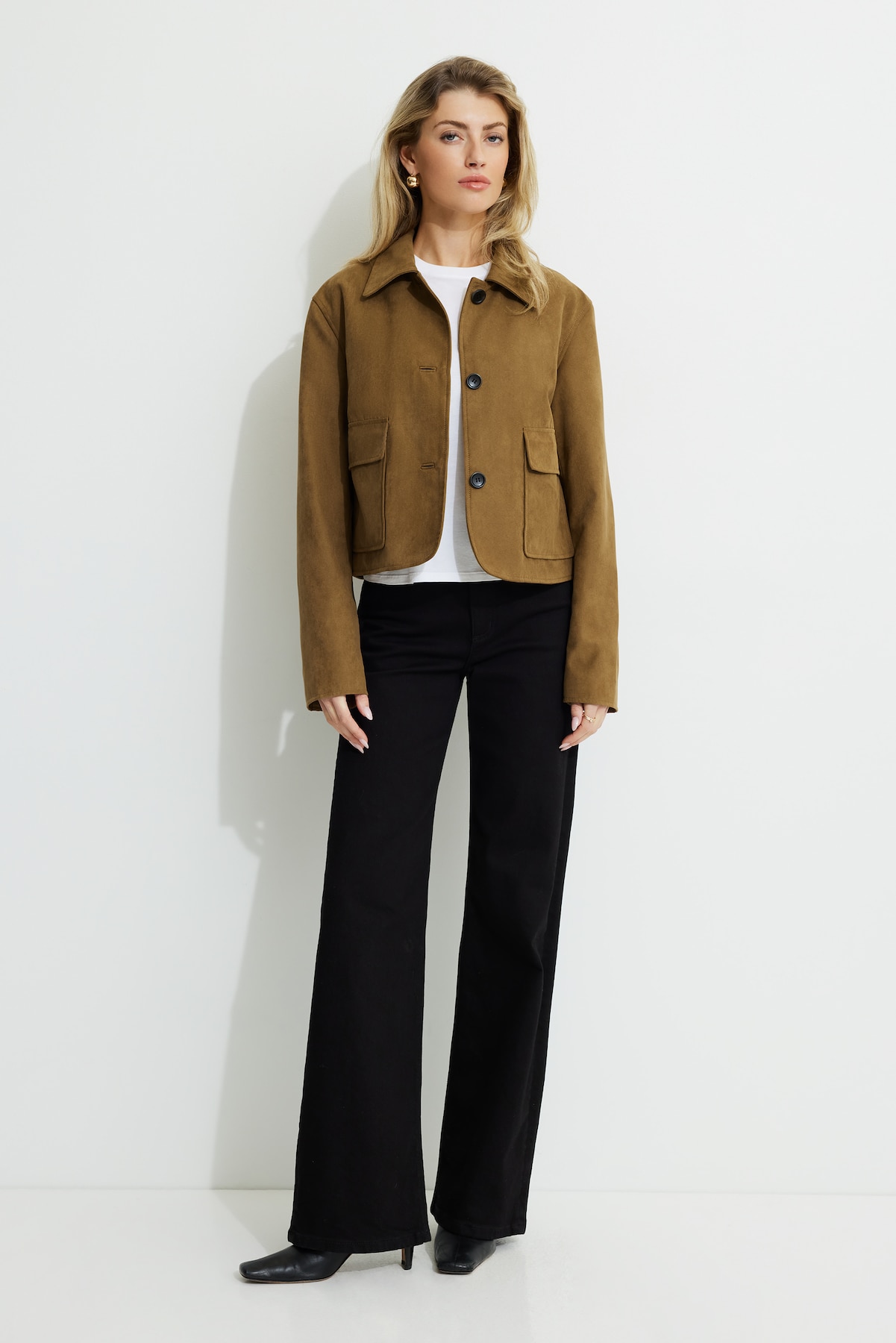 Cropped Faux Suede Jacket – Dynamite – Brown - Gallery Image 1