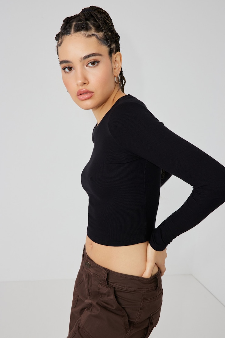Kimmy Long Sleeve Crewneck Top, Jet Black, large
