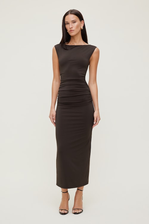 brown satin midi dress Zabrina Midi Dress - Brown Floral