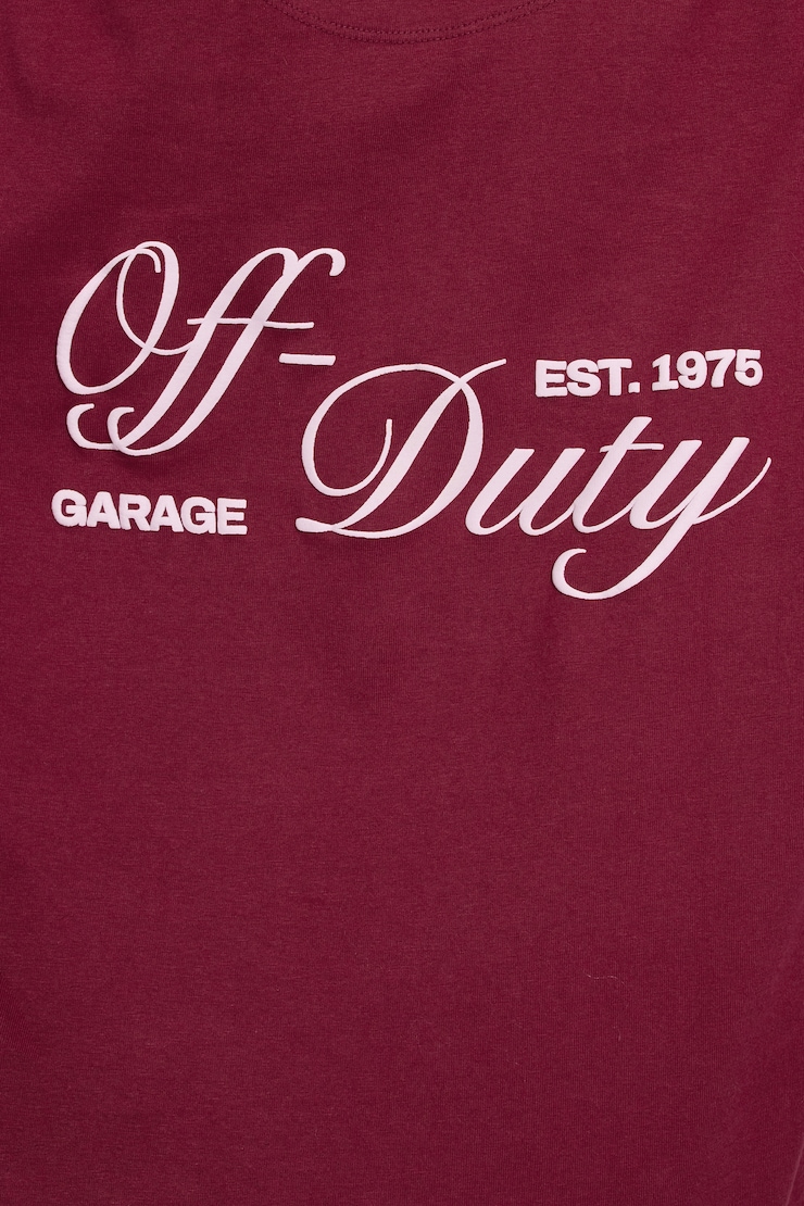Oversized Boyfriend Tee, Sour Cherry Burgundy with "Off-Duty" Art, large