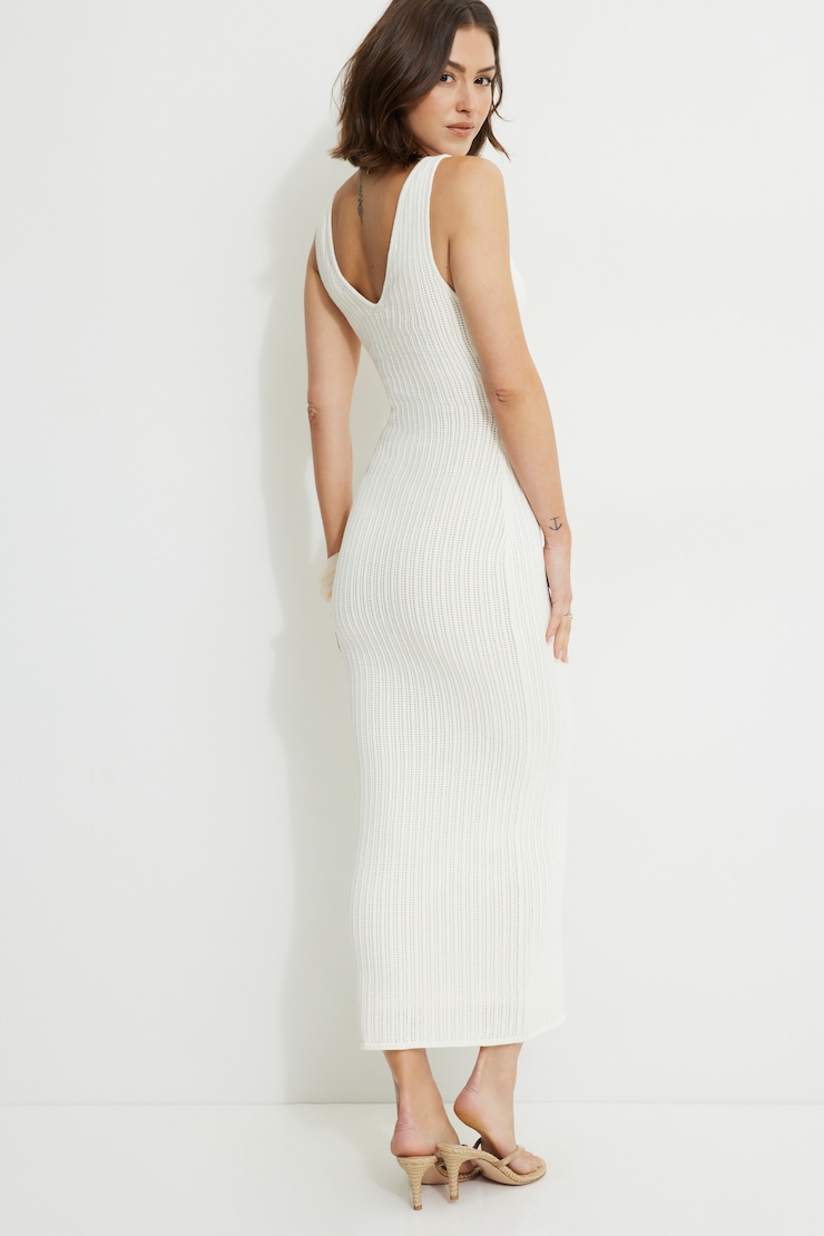 Crocheted V Neck Maxi Sweater Dress Snow White large