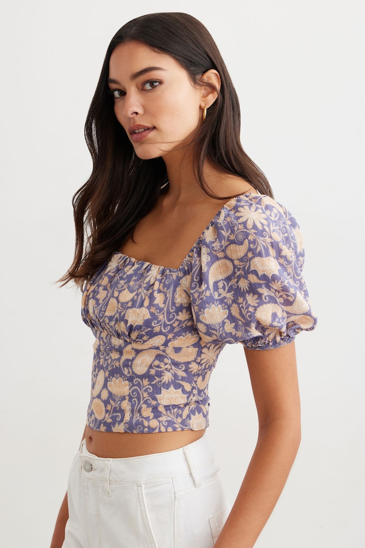 Ruched Bust Blouse Blue Floral Paisley large