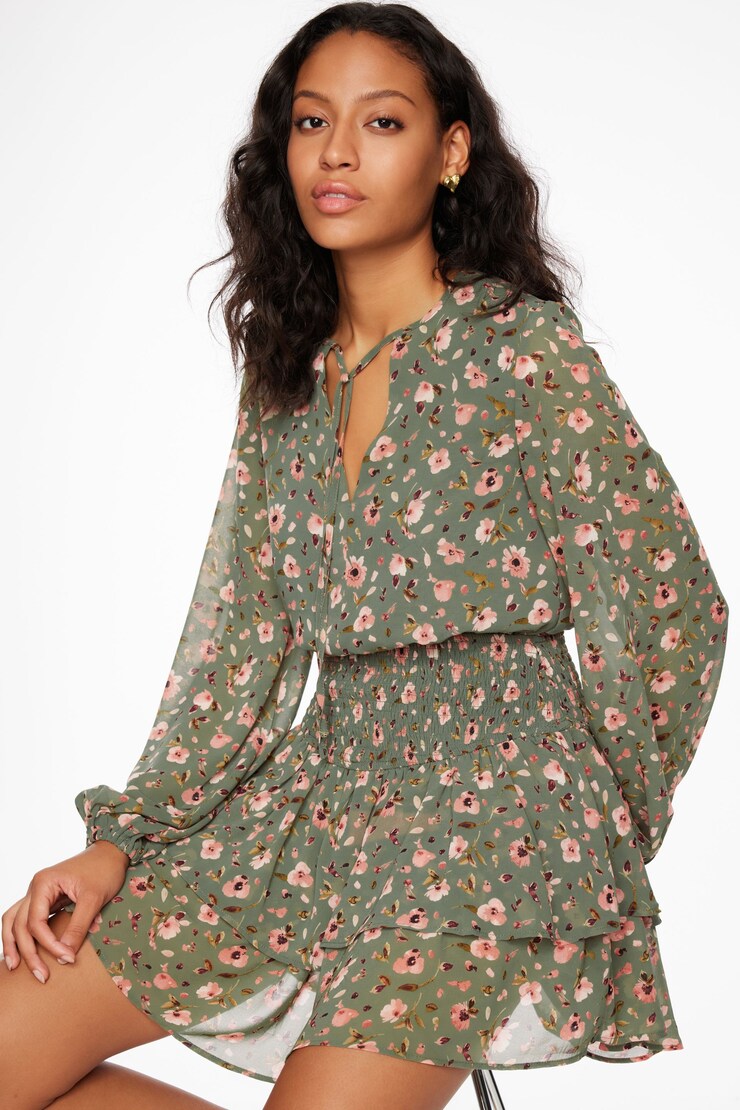 Long Sleeve Tiered Mini Dress Green & Blush Floral large