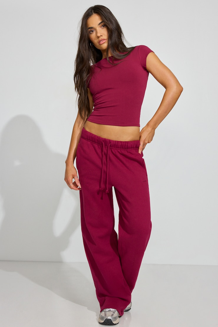 Crew Neck Open Back Short Sleeve Top, Sour Cherry Burgundy, large