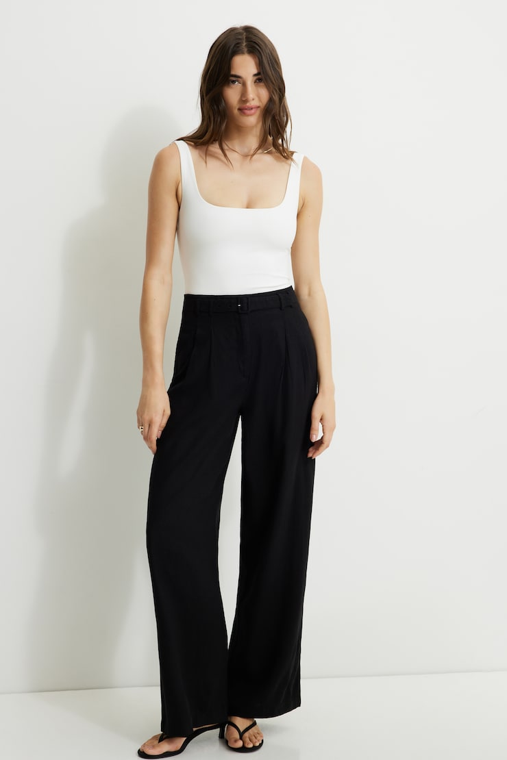 Belted Wide Leg Linen Pants Jet Black large