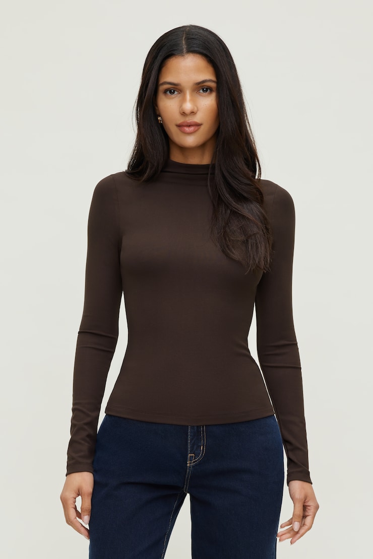 Mock Neck Long Sleeve Top Java Brown large