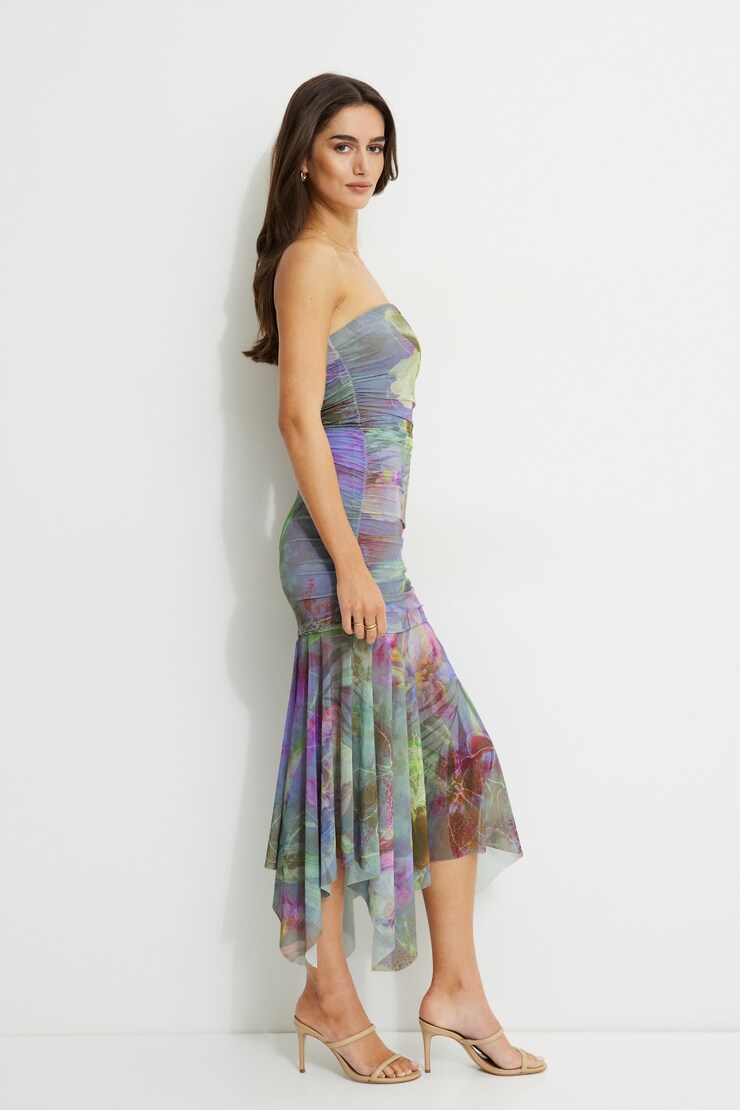 Ruched Mesh Maxi Tube Dress Green & Purple Flower Abstract large