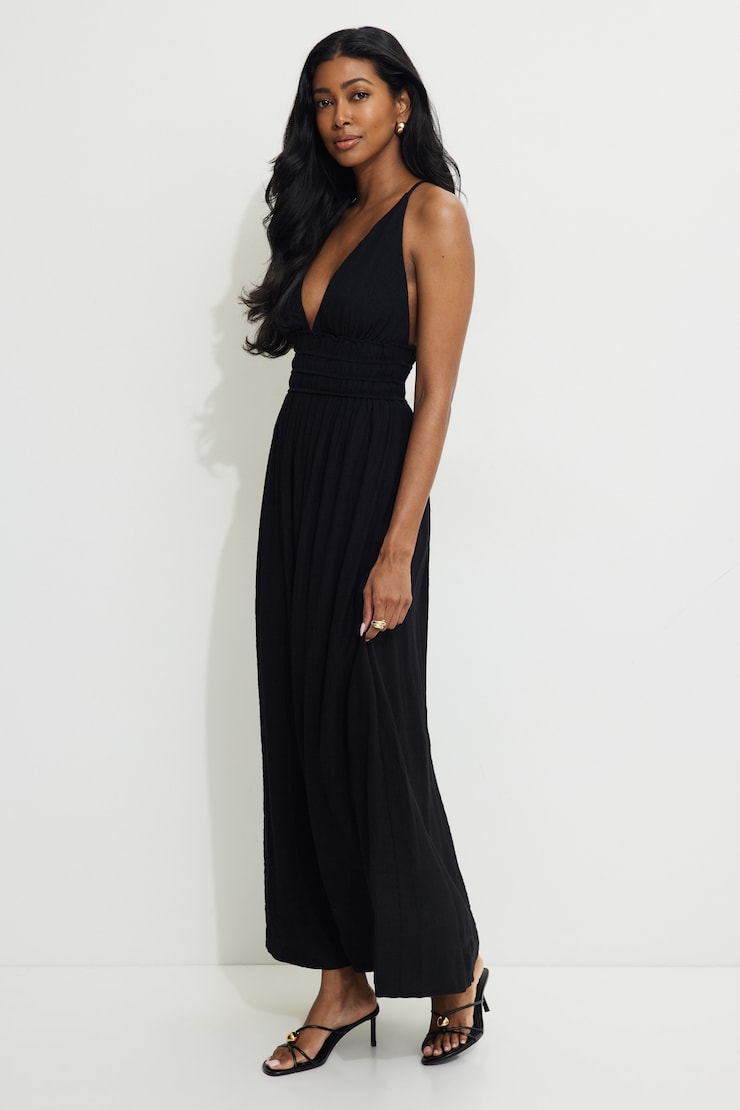 Robe maxi froissée à col plongeant