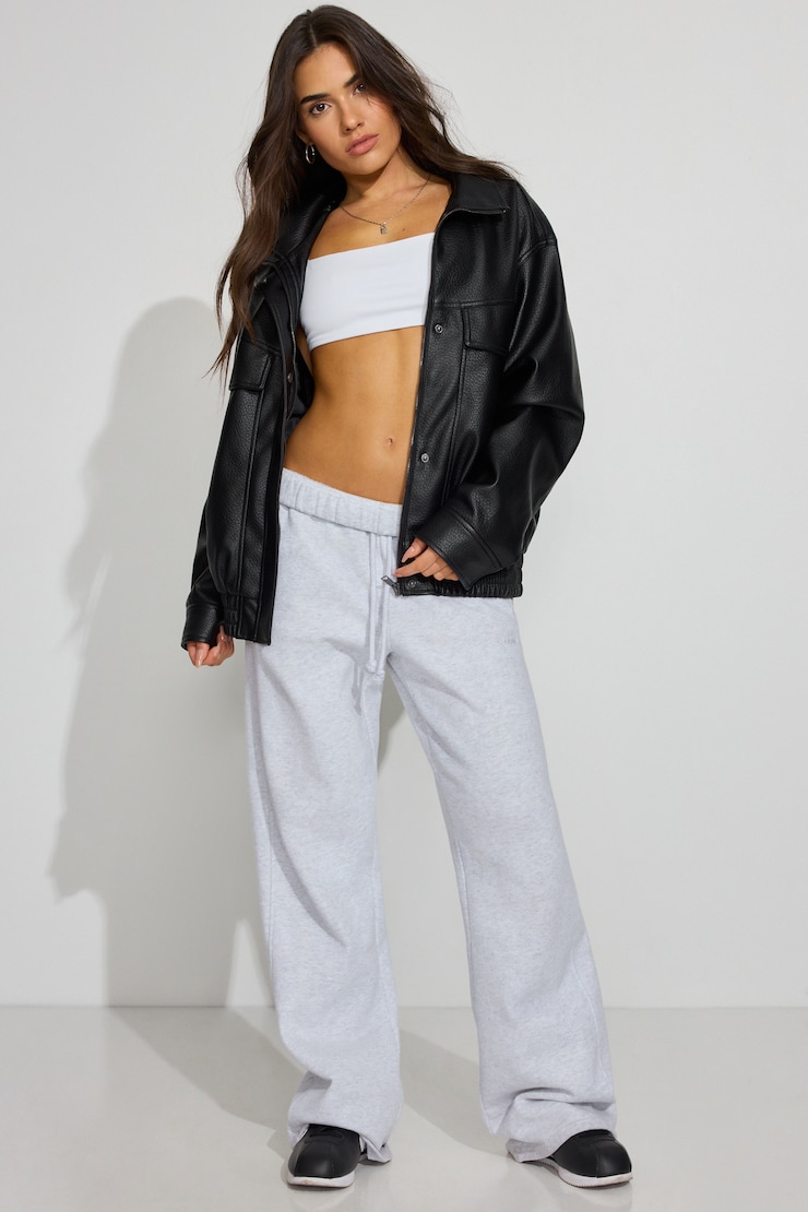 Oversized Faux Leather Bomber, Jet Black, large