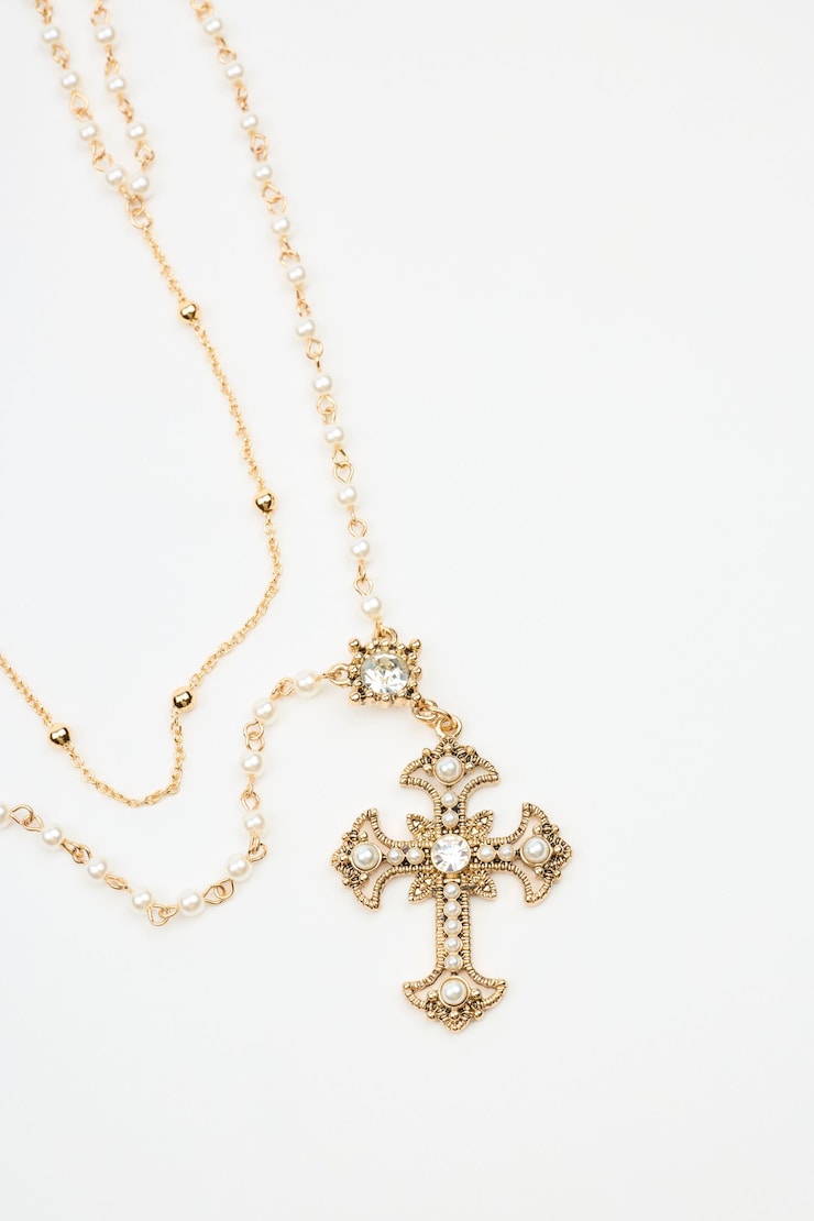 Set of 2 Pearl & Cross Rosary Necklace , Off-White/Gold, large