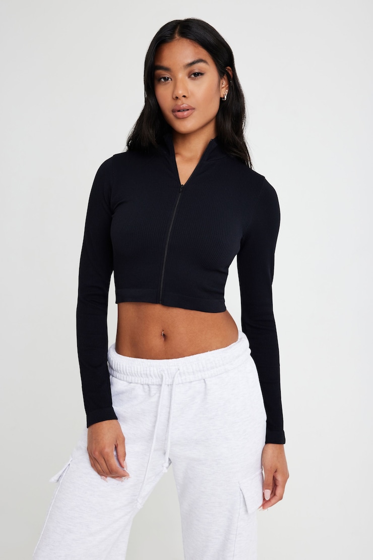 Long Sleeve Zip-Up Top Black | Garage
