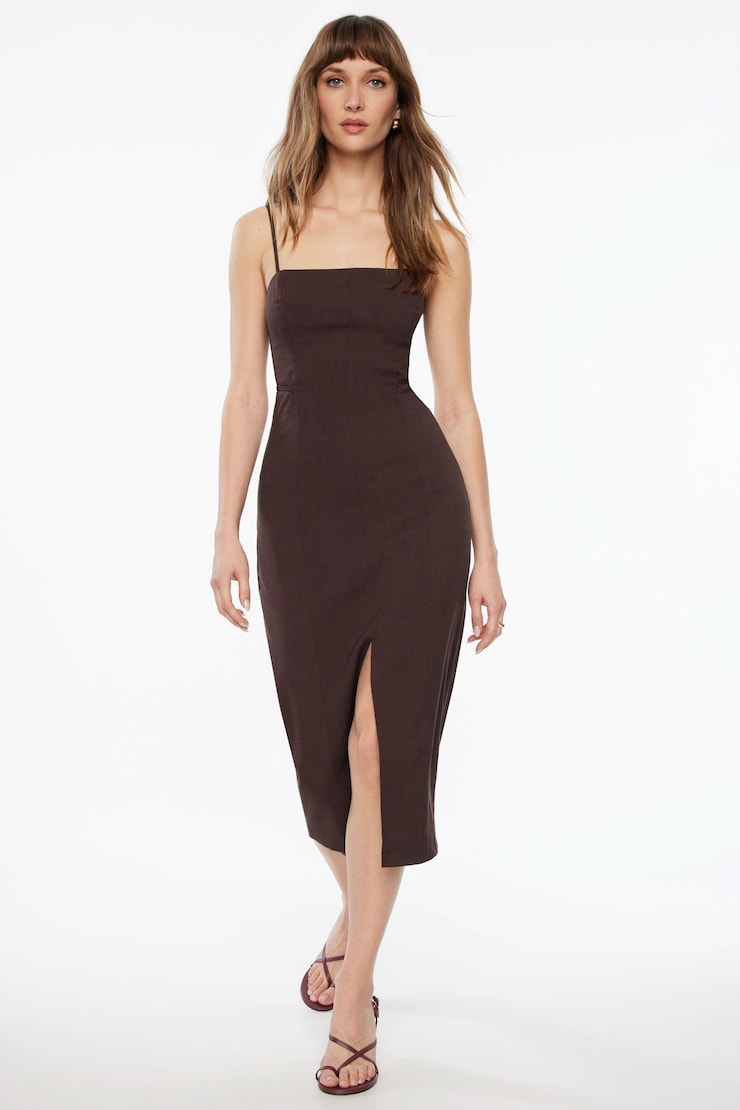Square Neck Midi Dress With Slit 