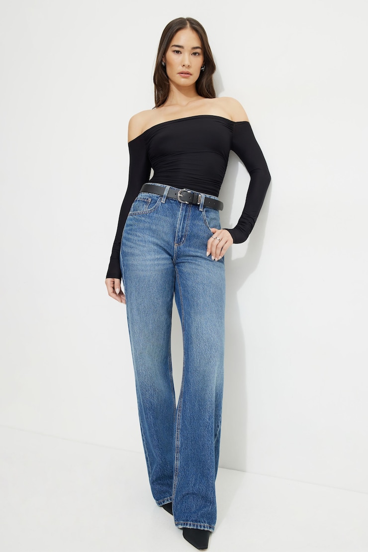 Ruched Off Shoulder Jersey Bodysuit Jet Black large
