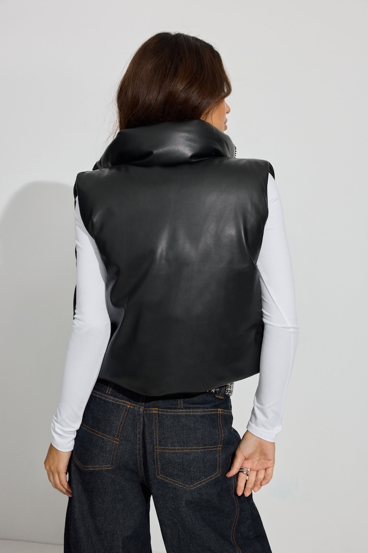 Faux Leather Mini Puff Vest, Jet Black, large